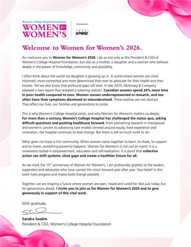 Welcome Letter from Sandra Sualim, President & CEO of Women's College Hospital Foundation