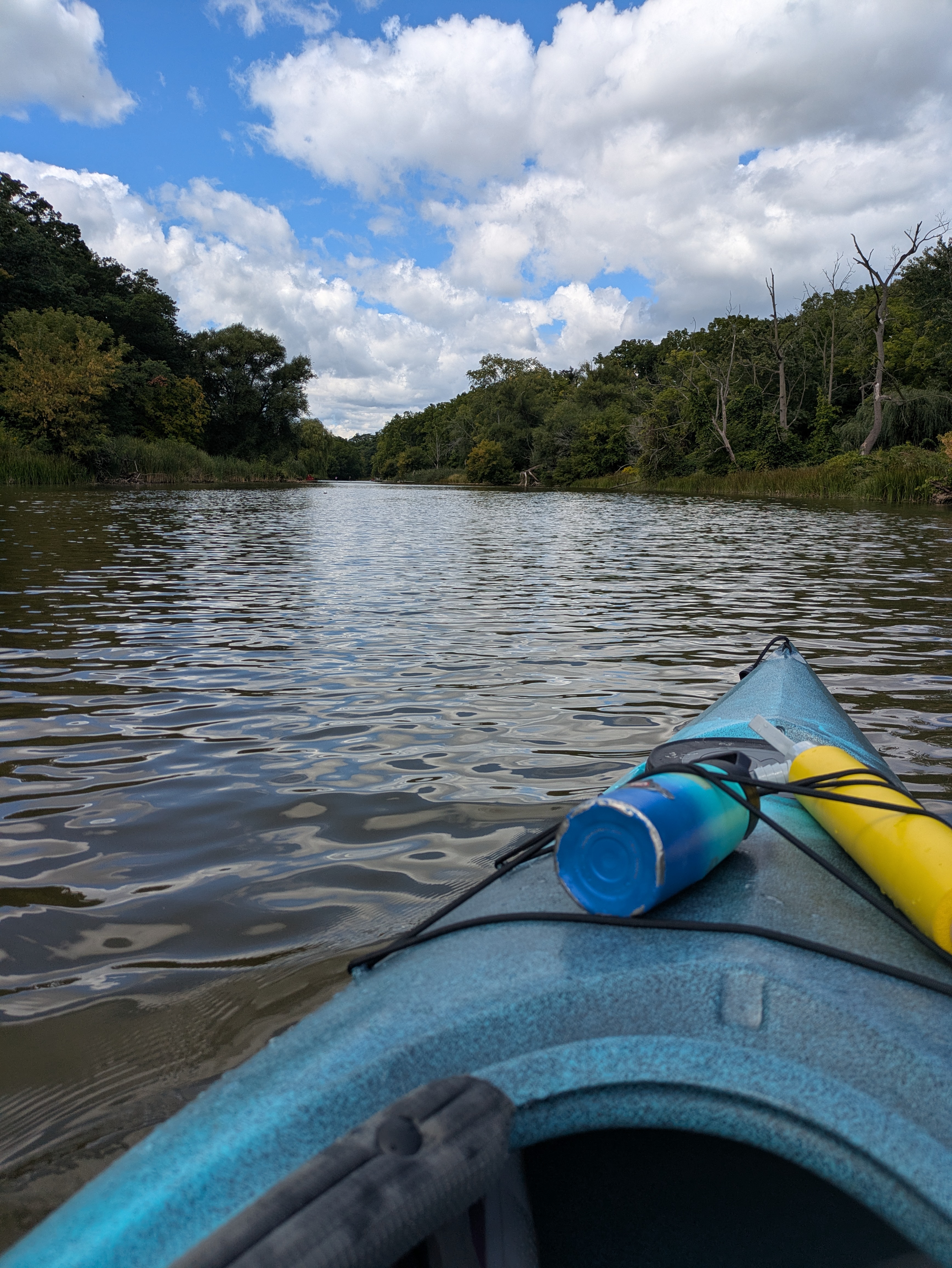A view of the front of a kayak with a river and tree-lined shores ahead. A view of the front of a kayak with a river and tree-lined shores ahead.