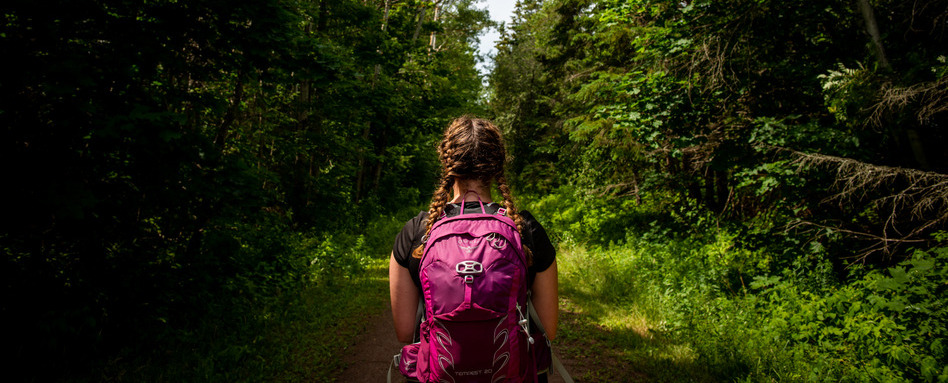 A person wearing a backpack walking down a grassy trail with trees on either side. A person wearing a backpack walking down a grassy trail with trees on either side.
