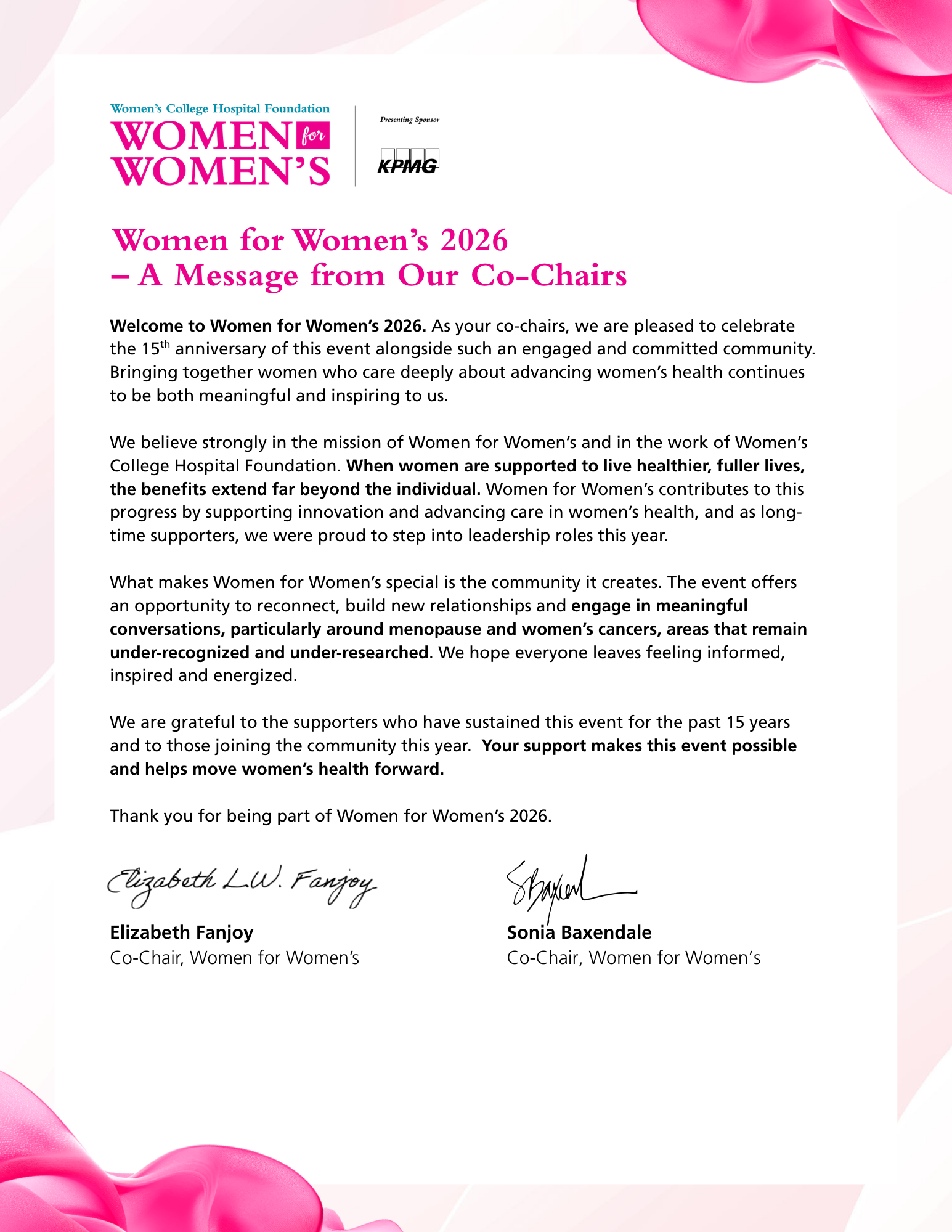 A message from Our Co-Chairs, Elizabeth Fanjoy and Sonia Baxendale
