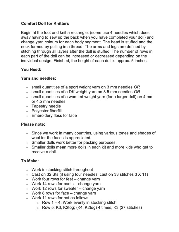 Comfort Doll Knitting Pattern