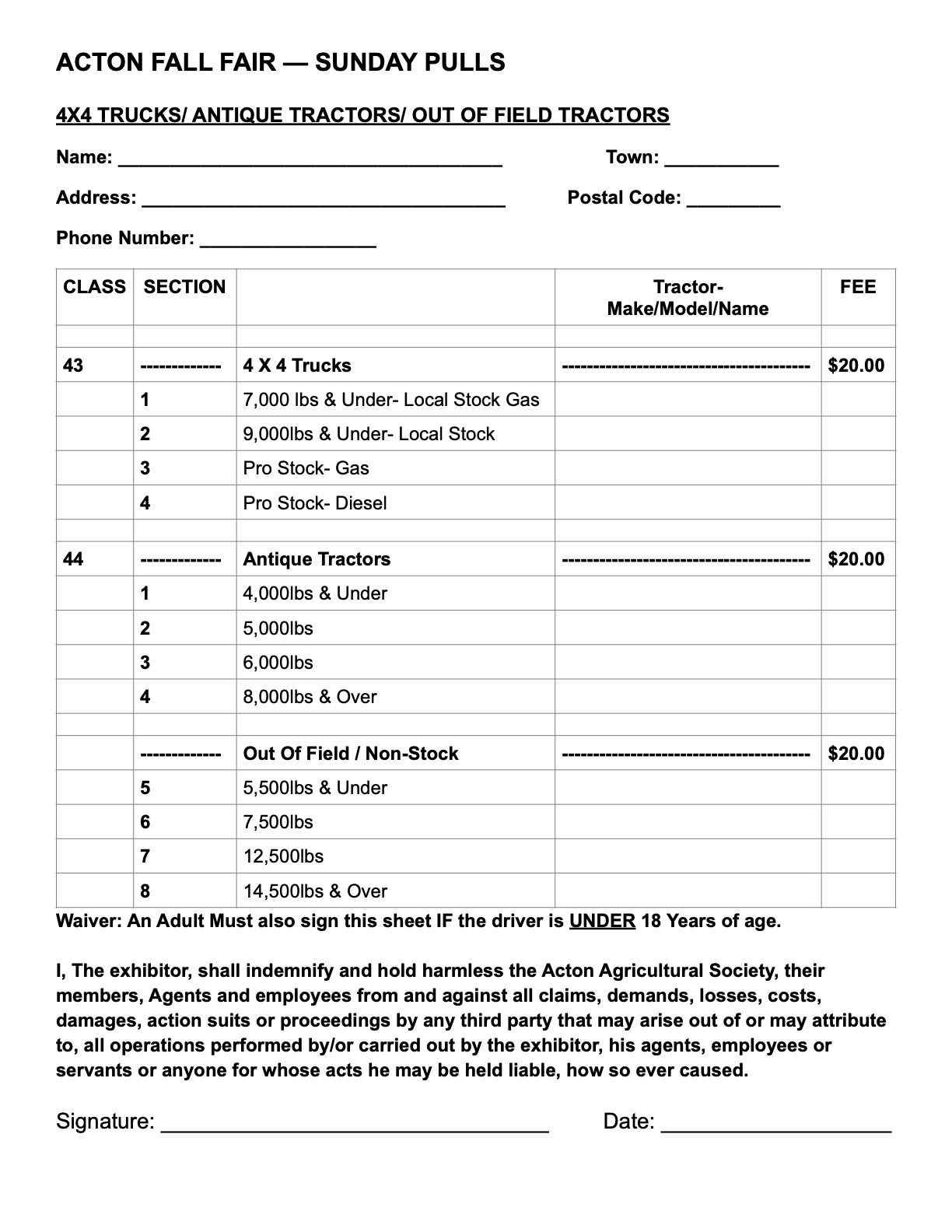 Truck & Tractor Entry Form